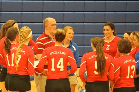 Lamp staff photo Volleyball Coach Jim Dietz talks to players during the Sept. 10 match against Lincoln College.